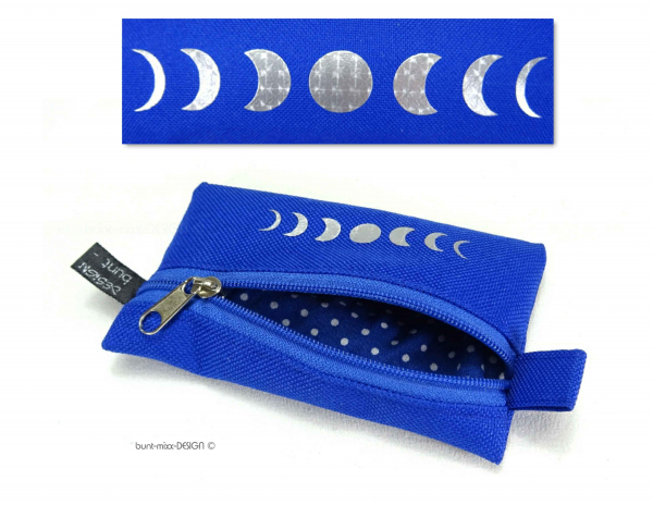 Mini Täschchen Portemonnaie, royalblau Reißverschluß, Mondphasen silbern glitzernd, handmade by BuntMixxDESIGN